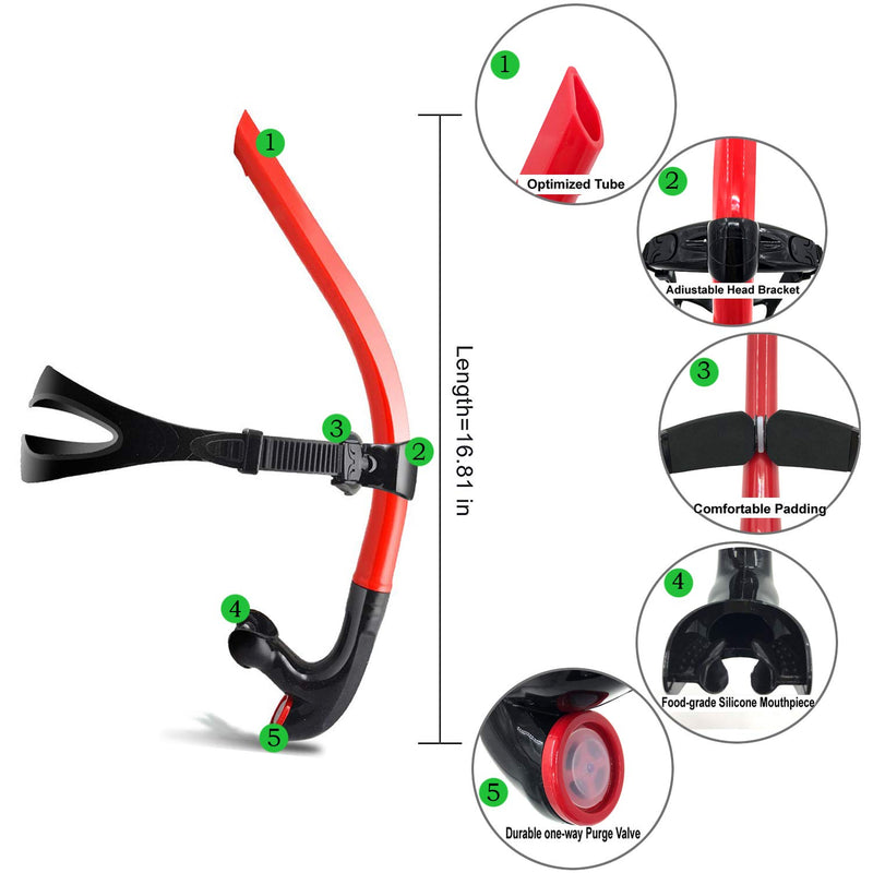 [AUSTRALIA] - Panzexin Swim Snorkel, One-Way Purge Valve Swimmers Snorkel for Lap Swimming Training Snorkeling, Front Mounted Training Gear with Comfortable Silicone Mouthpiece Red 