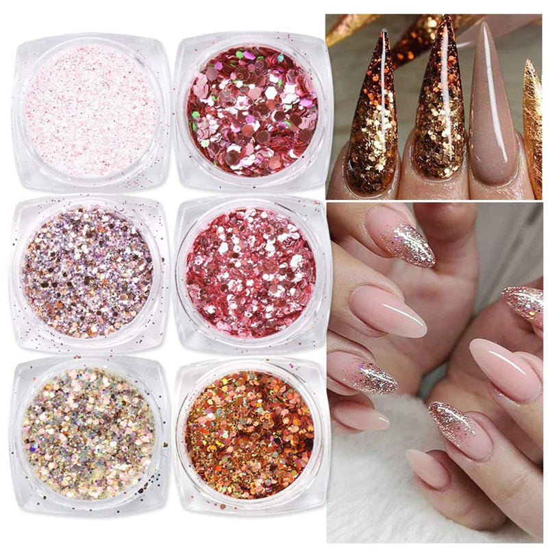 6 Boxes Nail Glitter Sequins Mixed Rose Gold Hexagon Glitter Set Holographic Nail Art DIY Sparkly Nail Acrylic Nails Tools Tips Charms Decoration designs Fashion women Manicure accessories - BeesActive Australia