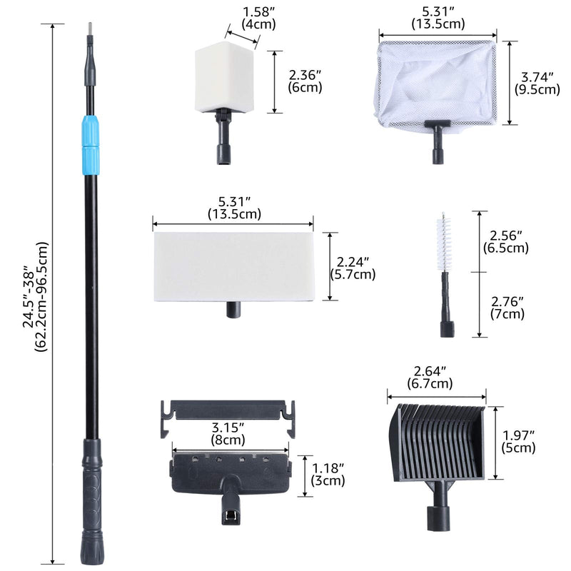 AquaMiracle 6 in 1 Aquarium Cleaning Tool Kit Fish Tank Cleaning Kit for 20-160 Gallon Tank with Telescopic Long Handle, Algae Scraper, Scrubber Pads, Tube Cleaner, Fish net, Gravel Rake - BeesActive Australia