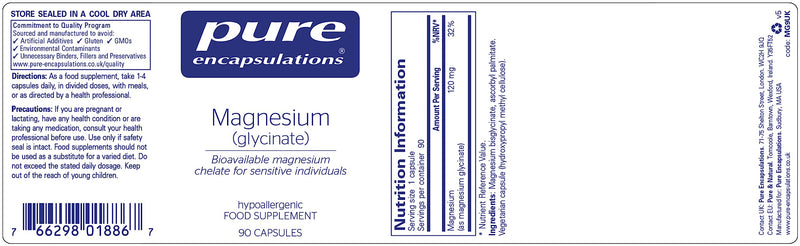 Pure Encapsulations - Magnesium (Glycinate) 120mg - Bioavailable Magnesium Chelate Tiredness and Fatigue Supplement - 90 Capsules 90 Count (Pack of 1) - BeesActive Australia