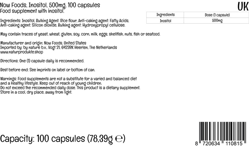 Now Foods, Inositol, 500mg, 100 Vegan Capsules, Lab-Tested, Vitamin B8, Gluten Free, SOYA Free, Vegetarian - BeesActive Australia