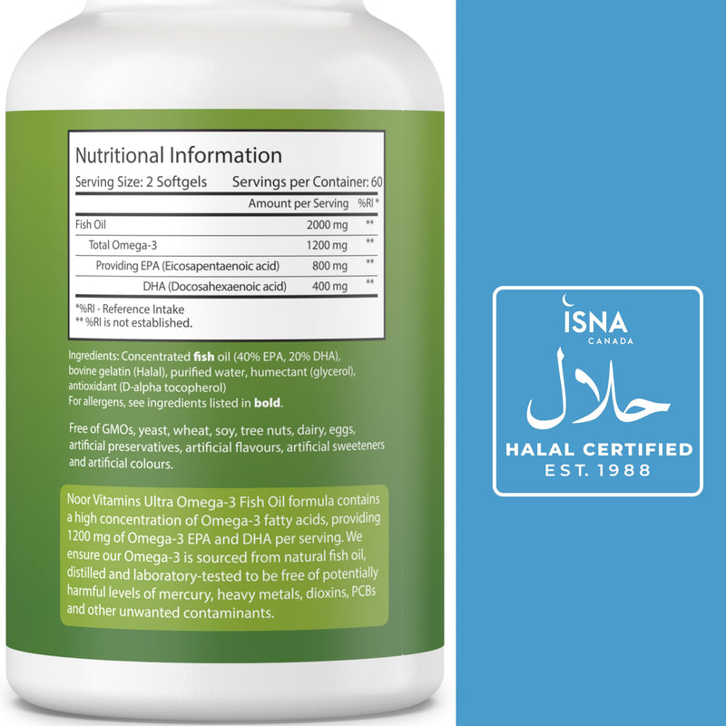 Halal Fish Oil, Halal Vitamins, Fish Oil Halal by Noor Vitamins, Ultra Omega 3 Wild Peruvian Fish Oil (800 mg EPA & 400 mg DHA) Heart, Brain & Joint Support, Non-GMO & Gluten Free (120 Count) - BeesActive Australia