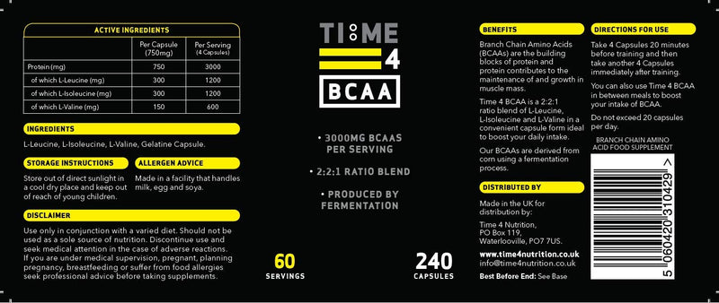 Time 4 BCAA - 240 Capsules High Strength Branch Chain Amino Acids Made By Fermentation Process for Muscle Growth, Tissue Repairing, & Energy Production Vegan BCAA Capsules Not BCAA Amino Acids Tablets - BeesActive Australia