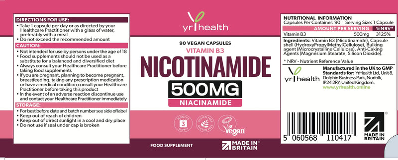Vitamin B3 Nicotinamide, Niacinamide 500mg - 90 Vegan Niacin B3 Capsules Flush Free, for Skin, Energy Yielding Metabolism, Tiredness & Fatigue, One A Day, 3 Months Supply - Made in The UK by YrHealth - BeesActive Australia