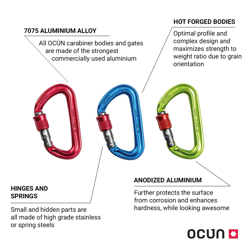 Ocun Hawk Carabiner with Screw Lock, 3-Pack for Rock Climbing, Multipitching and Belaying - BeesActive Australia