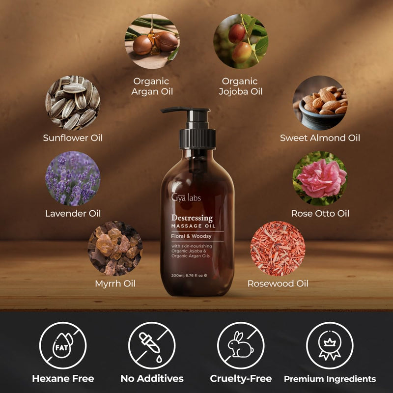 Gya Labs Destressing Massage Oil - Oils for Massage & Skin - Crafted with Lavender, Rose Otto, Rosewood, Myrrh, Jojoba & Argan Oils - (200 ml) - BeesActive Australia