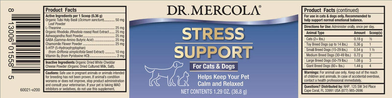 Dr. Mercola Stress Support for Cats & Dogs, 1.29 Oz. (36.8 g), Helps Keep Your Pet Calm and Relaxed, Non GMO, Gluten Free - BeesActive Australia