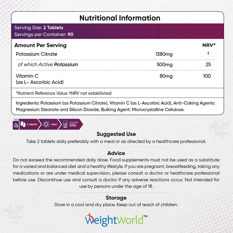 Potassium Supplement 1460mg with Vitamin C - 3 Months Supply (180 Vegan Potassium Tablets) - High Strength Potassium Citrate - Natural Electrolytes Support - Superior Absorption - Made in The UK - BeesActive Australia