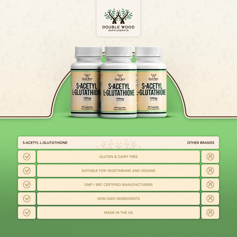 Double Wood Glutathione Supplement | 90 S-Acetyl L-Glutathione Capsules - 100mg per Serving | L Glutathione Antioxidant Supplement | Non-GMO & Gluten Free 90 Capsules - BeesActive Australia