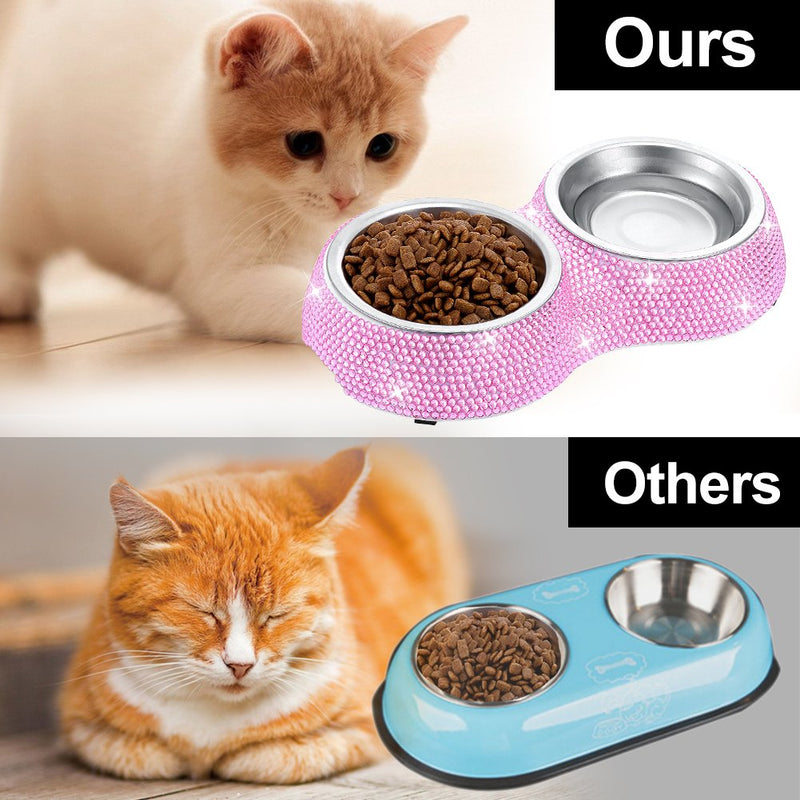 SAVORI Small Dog Bowls Pink, Handmade Bling Rhinestones Stainless Steel Pet Bowls Double Food Water Feeder for Puppy Cats Dogs Cats 320ml-Pink - BeesActive Australia