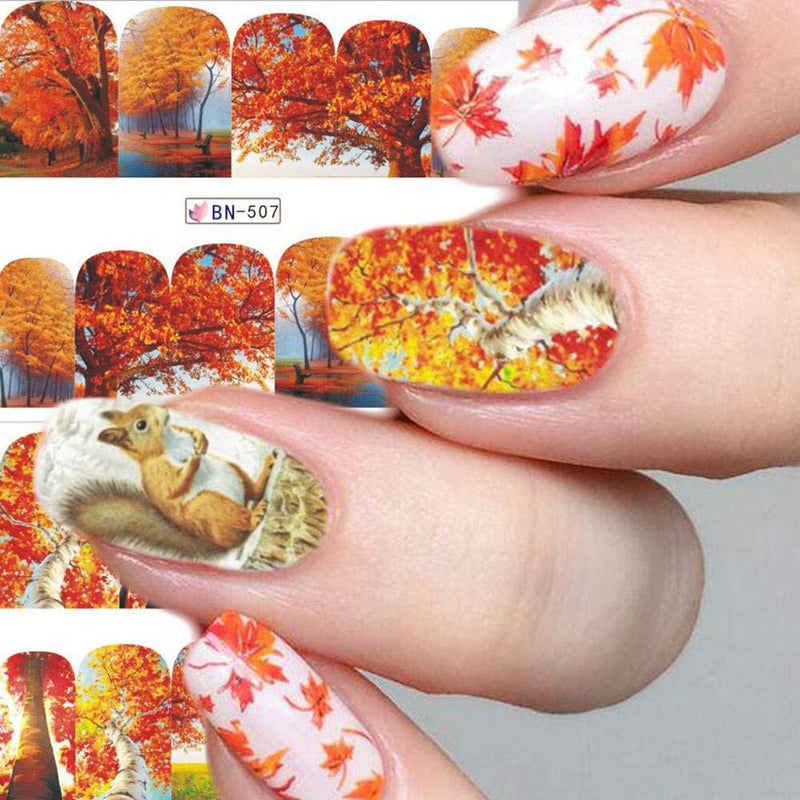 Fall Nail Stickers Nail Art Stickers Decals Thanksgiving Nail Stickers Nail Accessories Decorations Supplies Nail Art Stickers Autumn Maple Lovely Squirrel Water Decals Set Designs Manicure 12 Pcs - BeesActive Australia