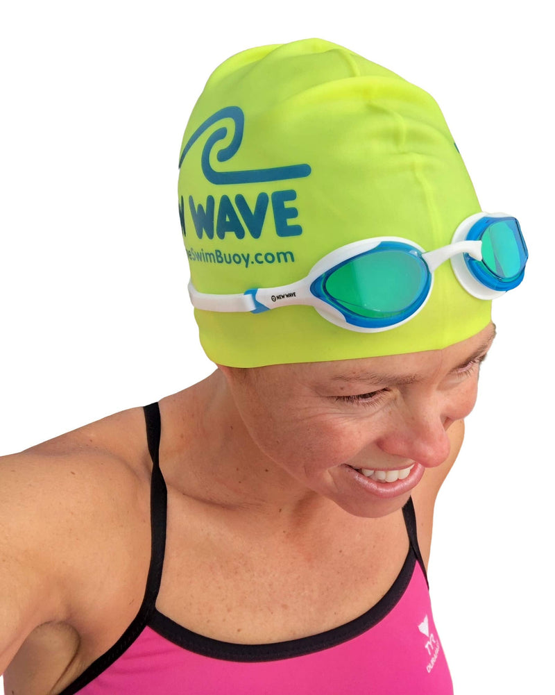 New Wave Fusion Swim Goggles Blue Ice and Fluo Green Cap Bundle - BeesActive Australia