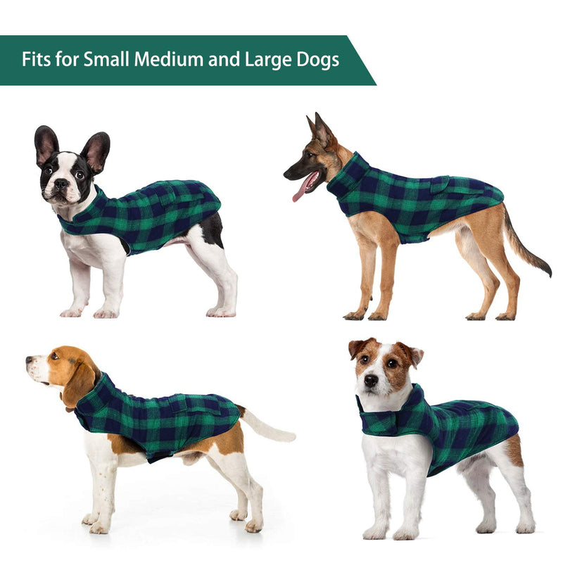 Kuoser British Style Plaid Dog Winter Coat, Windproof Water Repellent Cozy Cold Weather Dog Coat Fleece Lining Dog Apparel Dog Jacket Dog Vest for Small Medium and Large Dogs with Pocket XS-3XL 2X-Large (Chest Girth: 29.9-35.4'') Green - BeesActive Australia