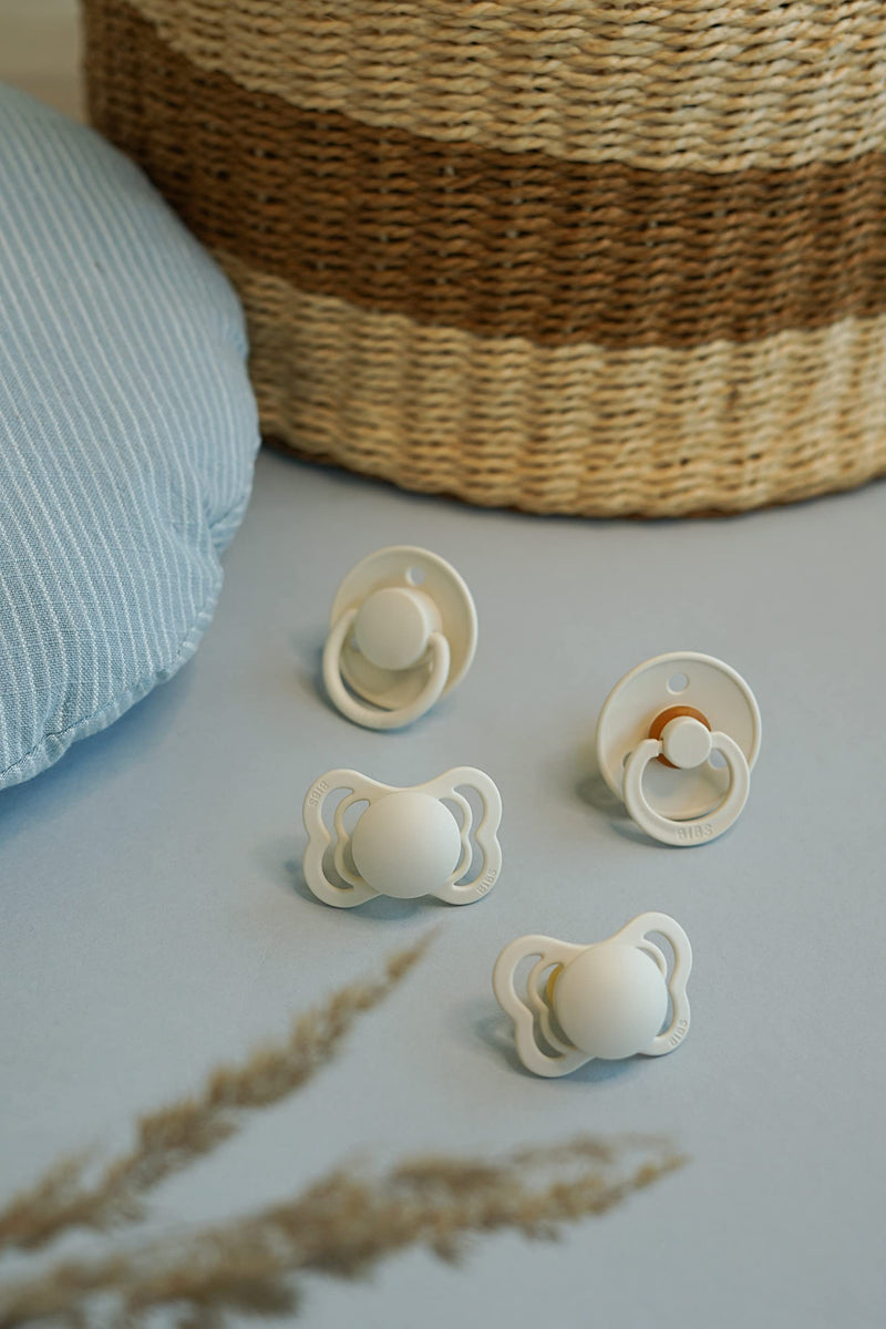 BIBS Pacifiers 6-18 Months | 4-Pack Soothers | BPA-Free Symmetrical Nipple | Made in Denmark | Ivory Try-It Collection - BeesActive Australia