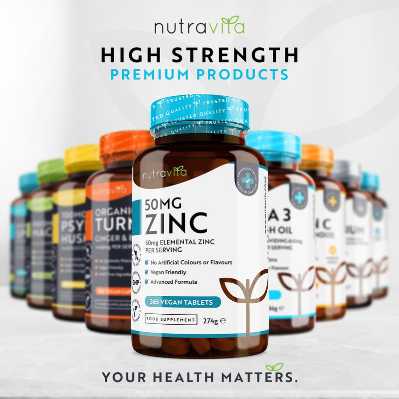 Zinc Tablets 50mg � 365 Vegan Tablets for 6 Months Supply � Zinc Supplement High Strength for Maintenance of Normal Immune System, Bones, Hair, Skin & Nails � Made in The UK by Nutravita - BeesActive Australia