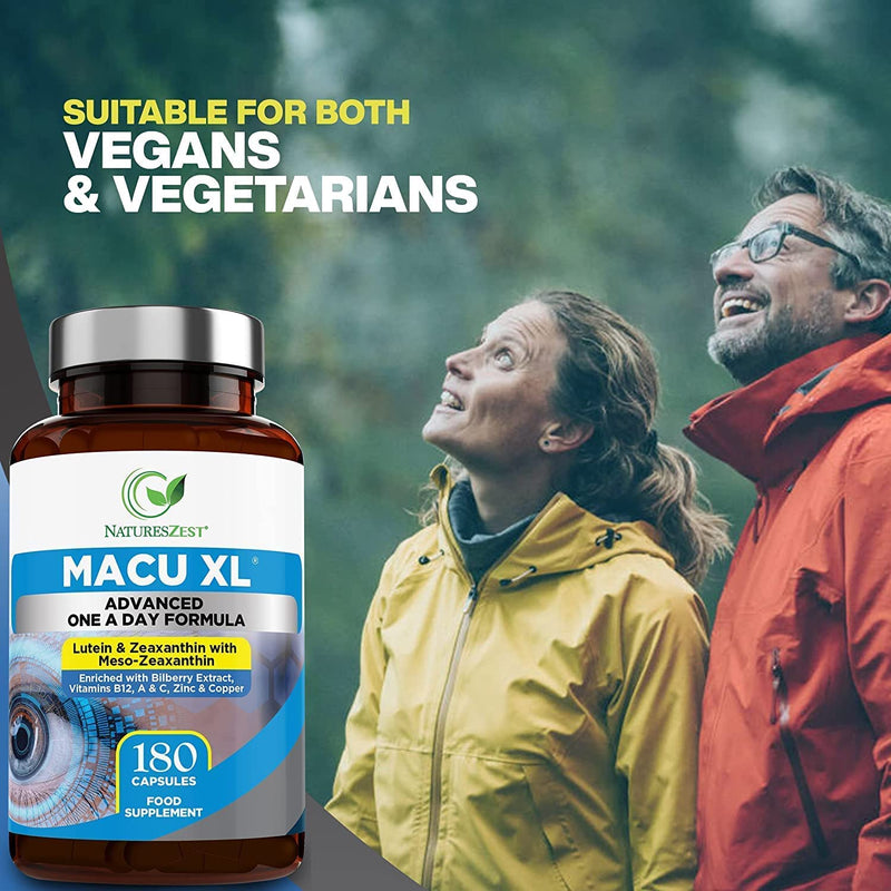 Macu XL - Lutein and Zeaxanthin Supplement - 6 Month Supply with Meso Zeaxanthin, Bilberry Extract, Vitamins A, B12 & Zinc, 180 Vegan Capsules - Eye Supplement for Vision Health � Packaging May Vary - BeesActive Australia