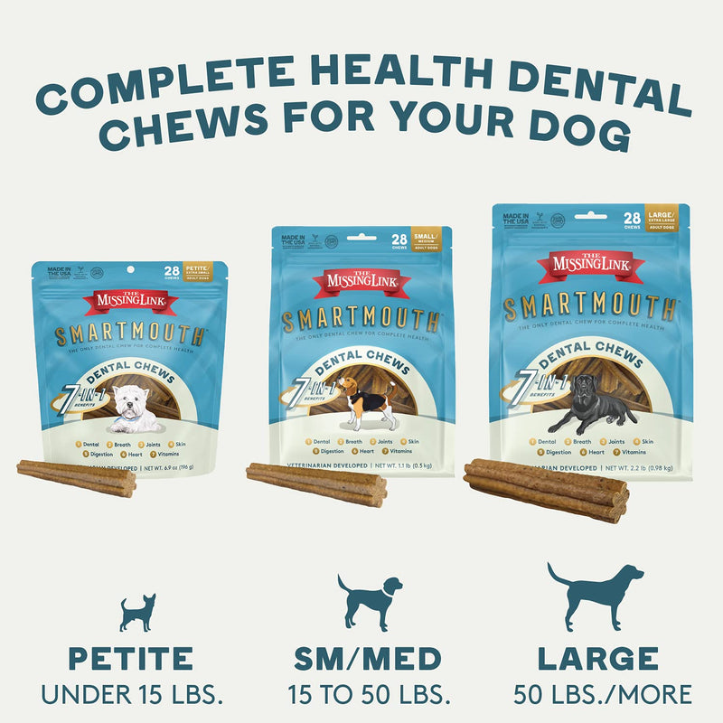The Missing Link Smartmouth Vet Developed Dental Chew Treats, 7-in-1 Benefits: Healthy Teeth & Gums, Breath, Skin, Joints, Digestion, Heart, Immune System – Small/Medium 15-50lb Dogs 28 Count (Pack of 1) - BeesActive Australia