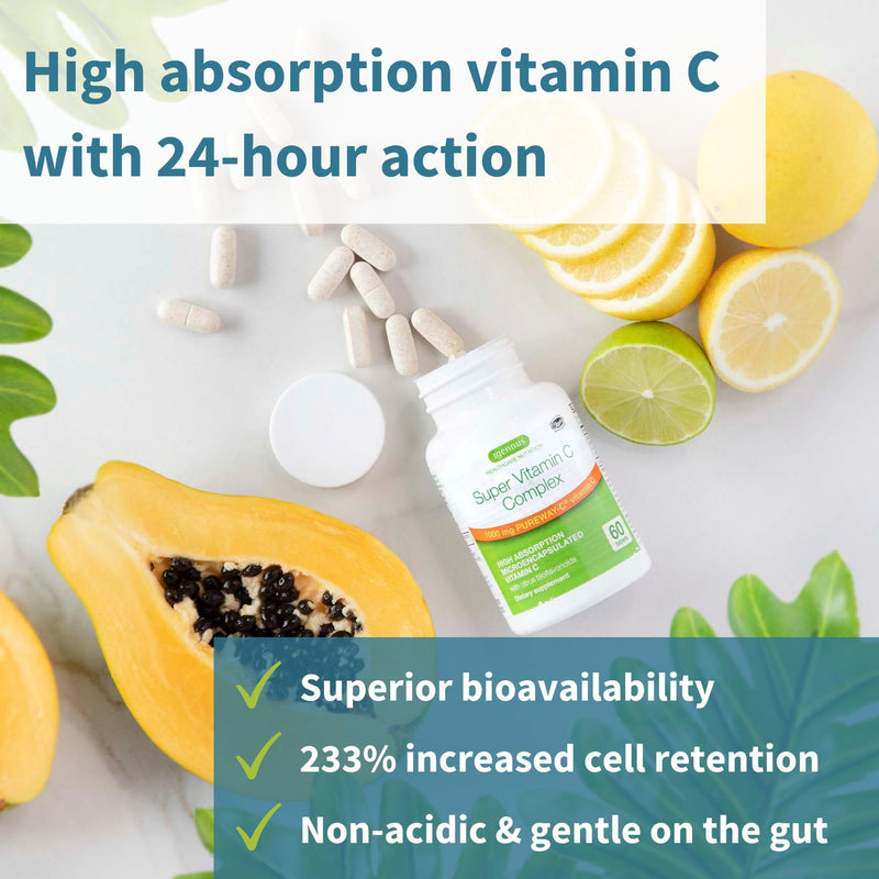 Super Vitamin C Complex 1000mg, Superior Absorption, Non-Acidic Pureway-C, Vegan, Immune System Booster with Bioflavonoids, 60 Tablets, by Igennus - BeesActive Australia