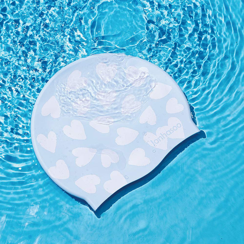 Jonhasoo Silicone Swim Cap for Women Swimming Caps with Cute Heart Printed Light blue - BeesActive Australia