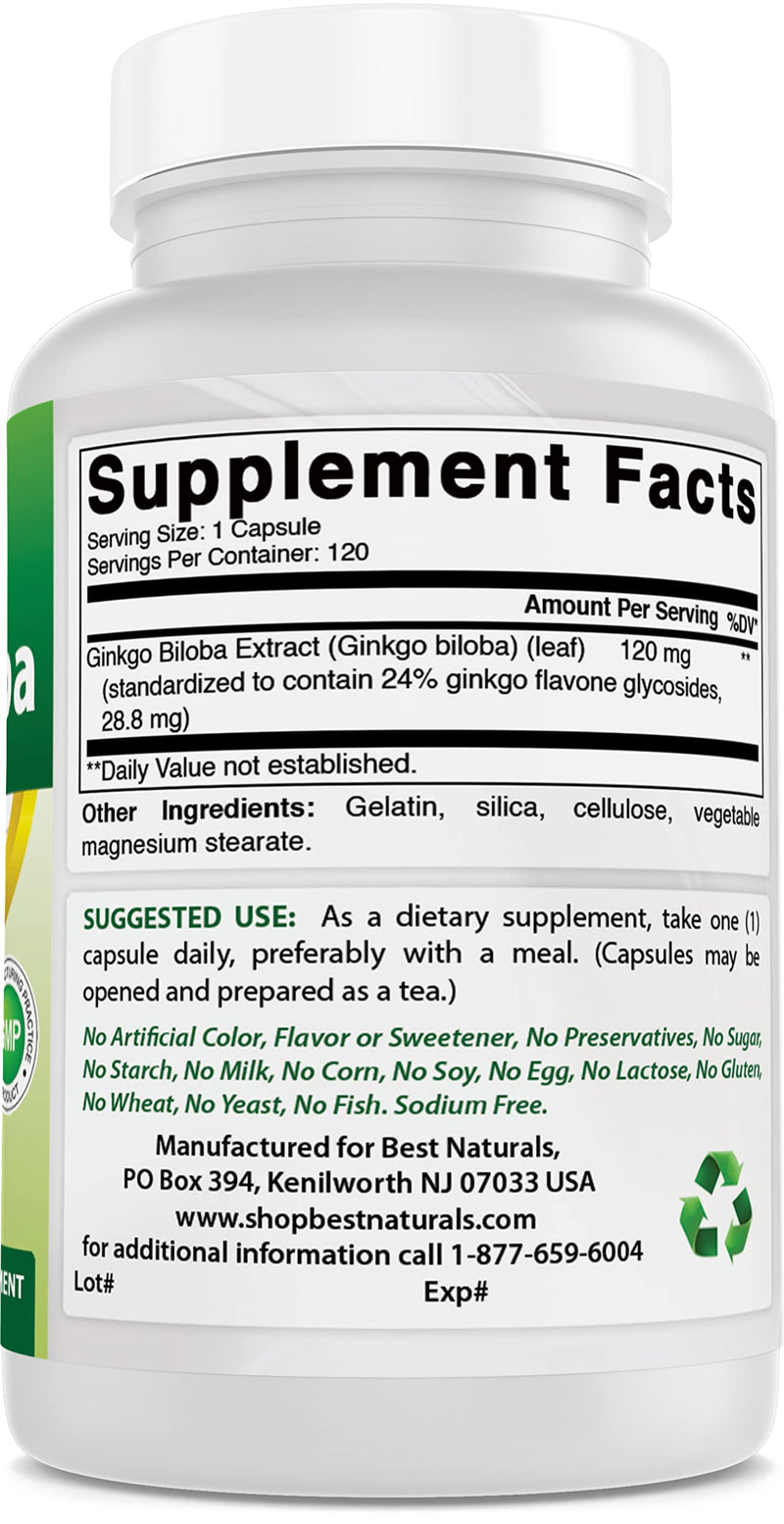 Best Naturals, Ginkgo Biloba Extract - Double Strength Ginkgo Biloba, 120mg, 120 Capsules (120 Count (Pack of 2)) - BeesActive Australia