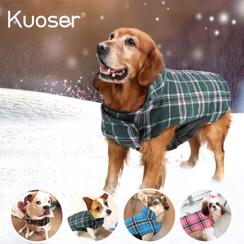 Kuoser Cozy Waterproof Windproof Reversible British Style Plaid Dog Vest Winter Coat Warm Dog Apparel for Cold Weather Dog Jacket for Small Medium Large Dogs with Furry Collar (XS - 3XL) Medium (Pack of 1) Green - BeesActive Australia