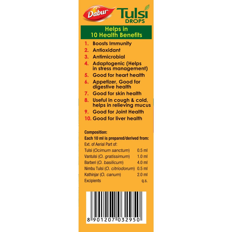 DABUR Tulsi Drops- 50% Extra: Concentrated Extract of 5 Rare Tulsi for Natural Immunity Boosting & Cough and Cold Relief: (20ml +10ml Free) - BeesActive Australia