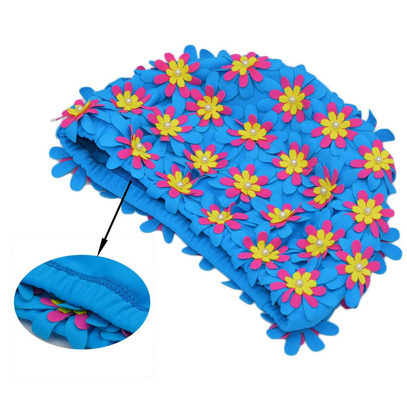 [AUSTRALIA] - Medifier Swim Cap Floral Petal Retro Style Bathing Caps for Women Blue 