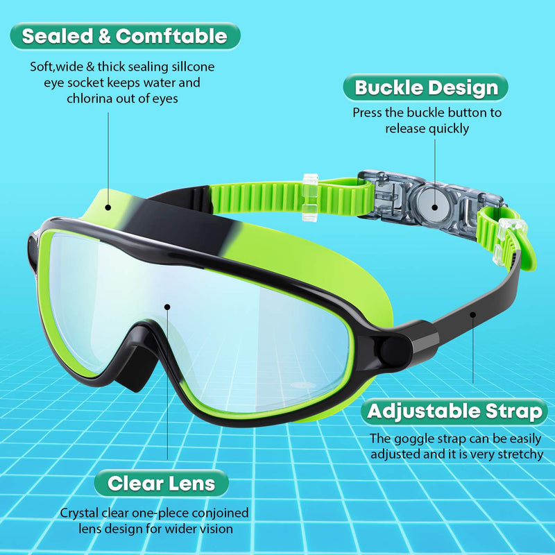 Portzon Wide View Swim Goggles, Unisex-Child Anti Fog Clear No Leaking Swimming Goggles Dazzle Green - BeesActive Australia