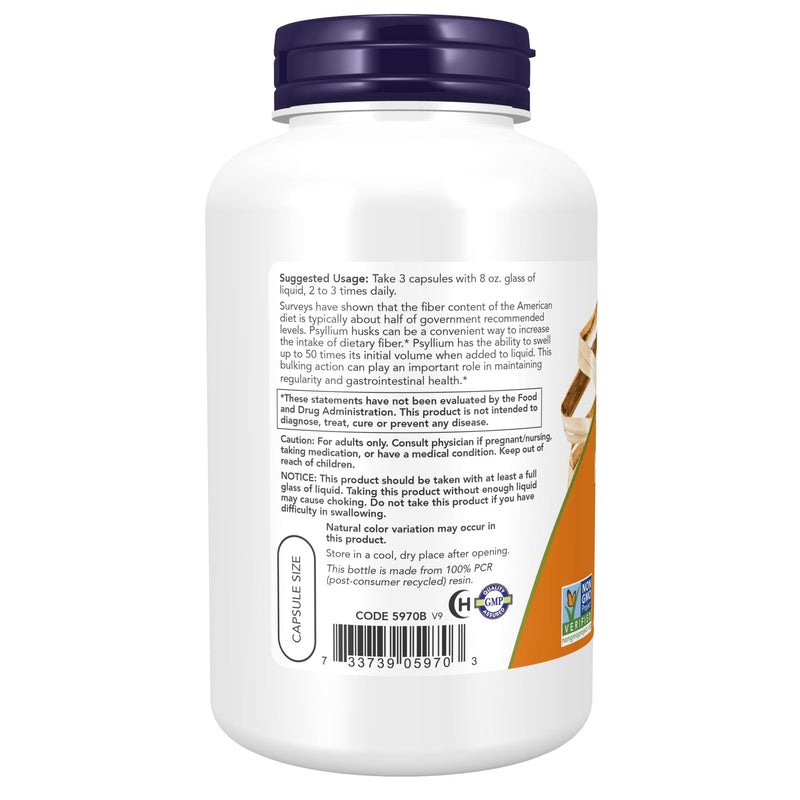 NOW Supplements, Psyllium Husk Caps 500 mg, Non-GMO Project Verified, Natural Soluble Fiber, Intestinal Health*, 200 Veg Capsules 200 Count (Pack of 1) - BeesActive Australia