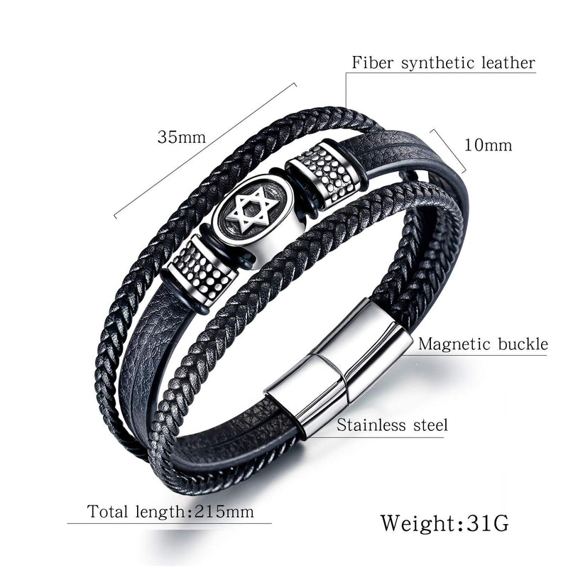 TEMICO Mens Black Leather Cuff Bracelet Multi-Layer Braided Leather Magen Star of David Bracelet Jewish Jewelry - BeesActive Australia