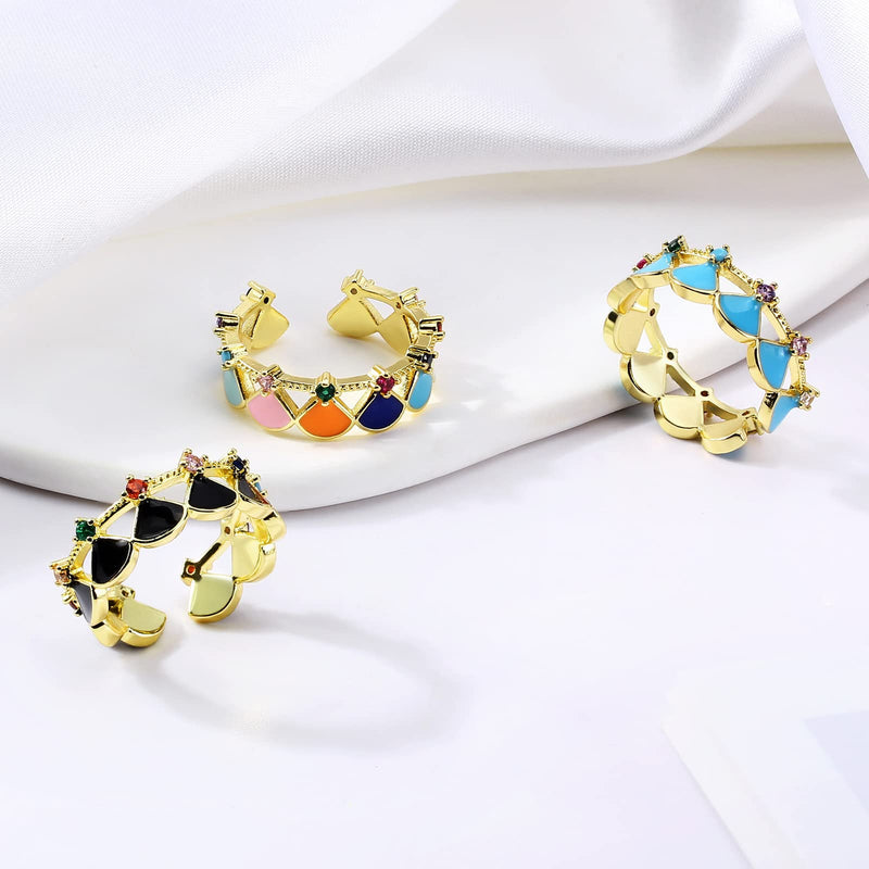 CHARMINGO Open Enamel Ring for Women, Dainty 18k Gold Plated Adjustable Ring, Trendy Birthstone Statement Ring Jewelry Gift for Her (Black/Blue/Colorful) Colorful - BeesActive Australia
