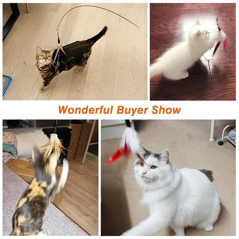 Pawaboo Feather Teaser Cat Toy, Interactive Feather Wand Cat Toy Flying Feather Cat Catcher with Extra Long 34.5" Wand and Small Bell, Fun Exerciser Playing Toy for Kitten or cat Brown - BeesActive Australia