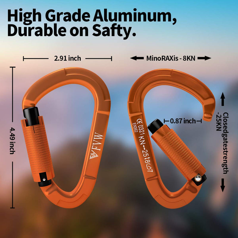 FVW Auto Locking Rock Climbing Carabiner Clips,Professional 25KN (5620 lbs) Heavy Duty Caribeaners for Rappelling Swing Rescue & Gym etc,Large Carabiners,D-Shaped 3pcs-orange - BeesActive Australia