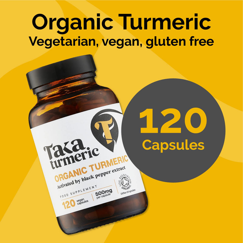 Taka Turmeric, 120 Caps Organic Turmeric with Black Pepper Extract Tumeric Curcumin Supplement, High Strength Tumeric Capsules with Curcumin and Black Pepper, Vegan, Recyclable Packaging 1 Bottle (120 Capsules) - BeesActive Australia