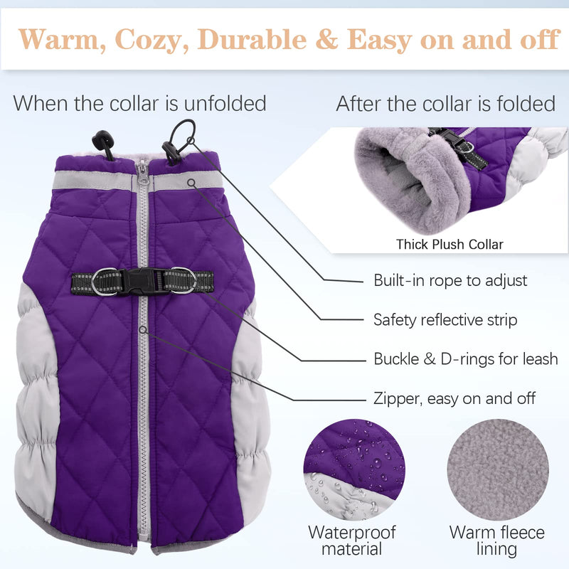 OUOBOB Dog Winter Jacket Cozy Reflective Waterproof Dog Coat Windproof Warm Pet Garment, Comfortable Cold Weather Fleece Apparel Outfits with Zipper Closure for Small Medium Large Dogs Puppy Walking Purple - BeesActive Australia