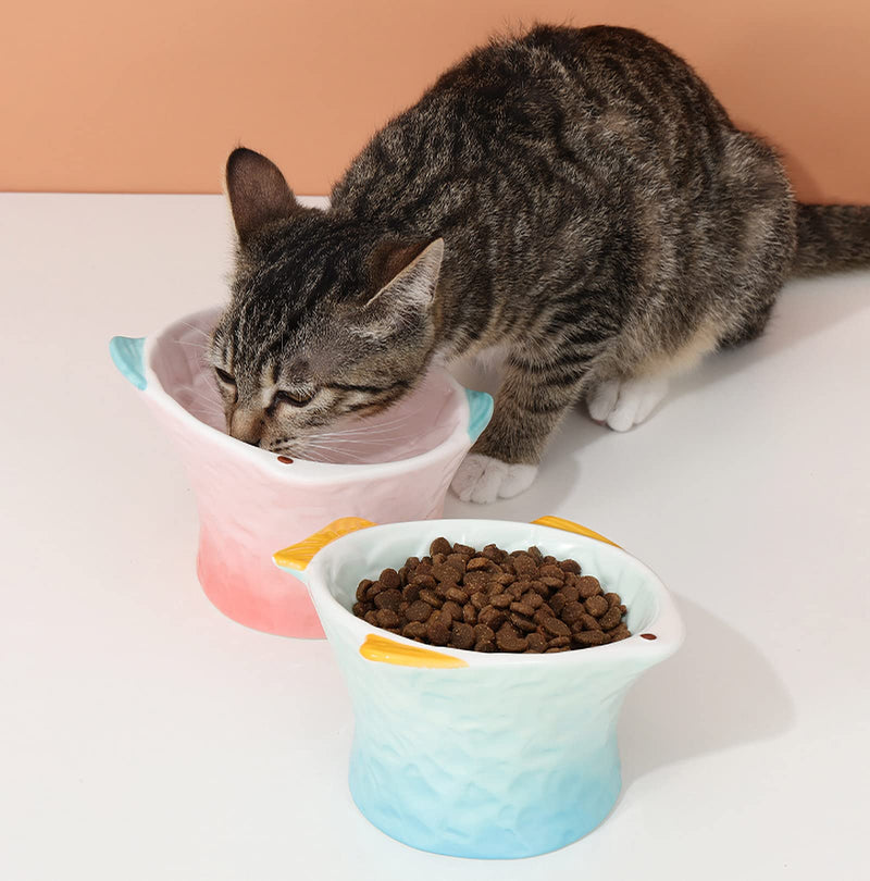 Raised Tilted Ceramic Cat Food Bowl - Cute Pink Fish Shape Elevated Slanted Shallow Angled Cat Dish - Personalized Pet Feeder for Kitty Dry Wet Treats Feeding - Ergonomic Anti Vomiting Whisker Fatigue - BeesActive Australia