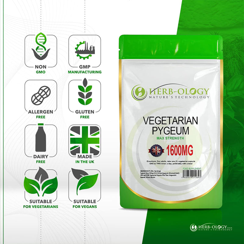 Herb-Ology Pygeum Capsules | 60 Pygeum Supplements - 1600mg Suitable for Vegetarians & Manufactured in The UK - BeesActive Australia