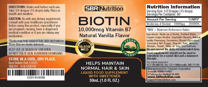 MAX Absorption Biotin Liquid Drops, 10000mcg of Biotin Per Serving, 60 Serving, No Artificial Preservatives, Vegan Friendly, Supports Hair Growth, Strong Nails and Glowing Skin, Made in USA Vanilla - BeesActive Australia