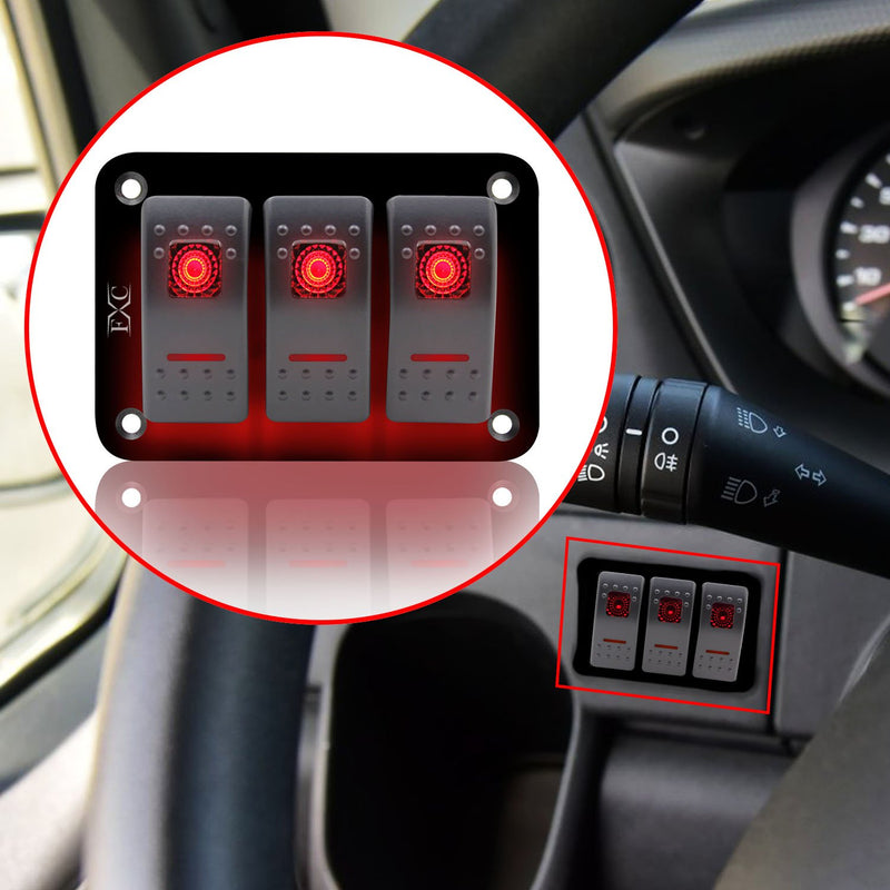 [AUSTRALIA] - FXC Rocker Switch Aluminum Panel 3 Gang Toggle Switches Dash 5 Pin ON/Off 2 LED Backlit for Boat Car Marine Red 