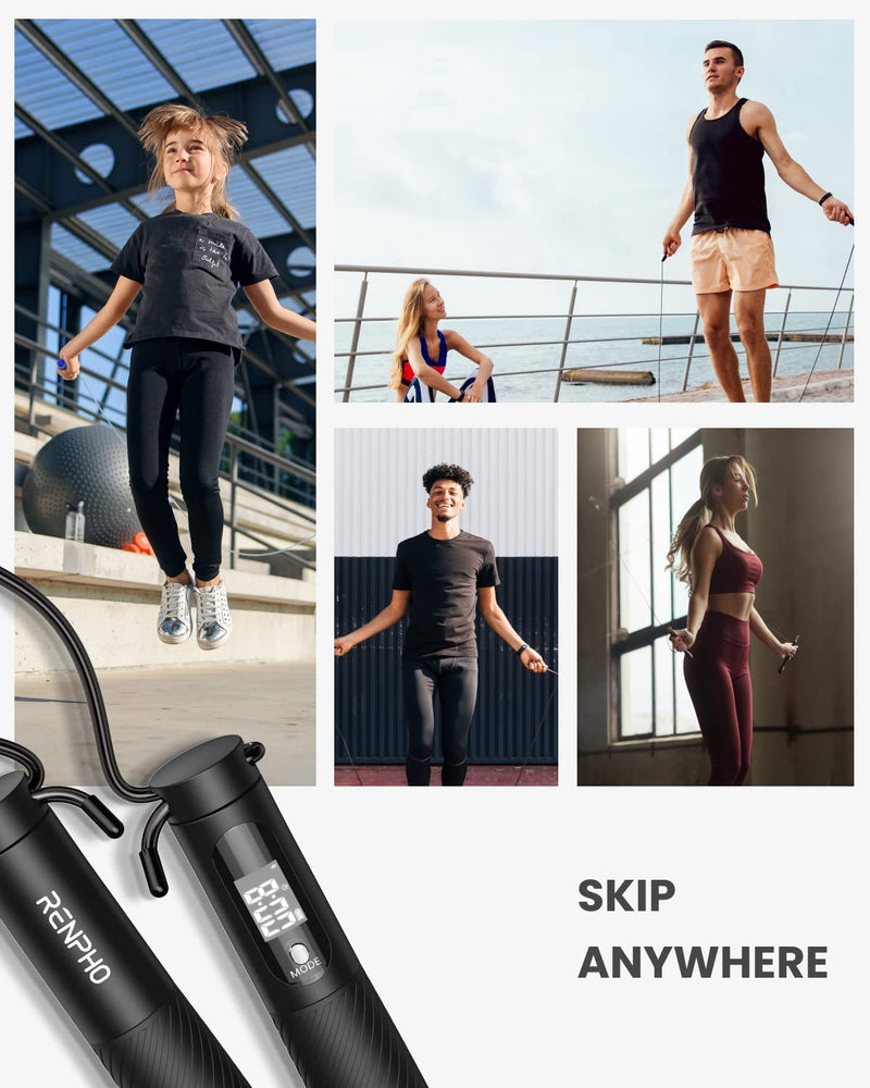 RENPHO Smart Skipping Rope with Counter, Adjustable Jump Ropes with Cordless Ball, Jump Ropes for Fitness, Crossfit, Gym, Burn Calorie, APP Data Analysis, at-Home-Workout for Women, Men, Adult, Kids 01-Black - BeesActive Australia