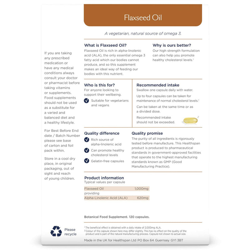 Healthspan Flaxseed Oil 1,000mg | 120 Capsules | Omega 3 Fatty Acid ALA | Maintain Healthy Blood Cholesterol Levels | Women's Health | Vegan - BeesActive Australia