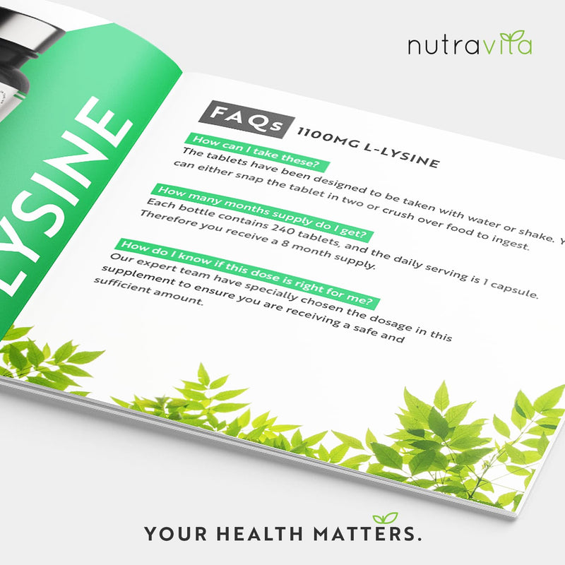 L-Lysine 1100mg High Strength - 240 Vegan & Gluten Free Tablets (8 Month Supply) - Cold Sore Treatment, Essential Amino Acid Supplement - Normal Growth and Muscle Turnover - Made in The UK - Nutravita - BeesActive Australia