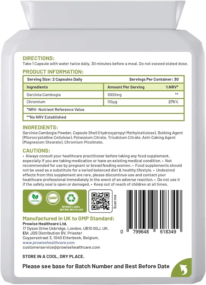 Garcinia Cambogia 1000mg 60 Capsules - UK Manufactured | GMP Standards by Prowise Healthcare - Suitable for Vegetarians & Vegans - BeesActive Australia