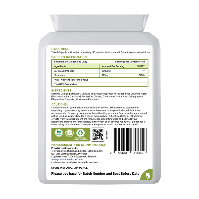 Garcinia Cambogia with Added Chromium 60 Capsules | Daily Dosage 1000mg | Vegan & Vegetarian-Friendly | Garcinia Cambogia Extract Maximum Strength | Made In the UK by Prowise Healthcare - BeesActive Australia