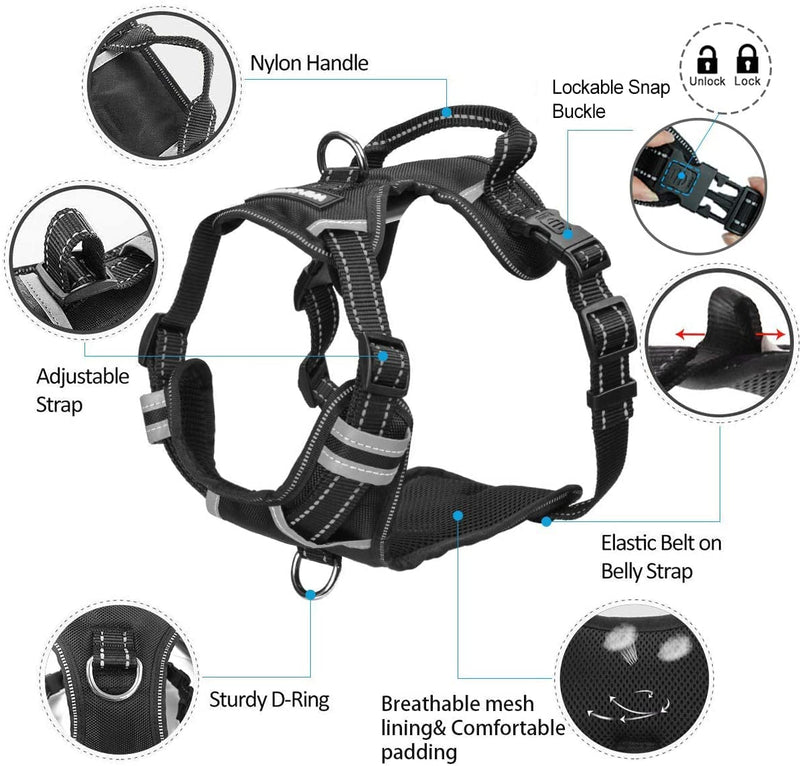 WINSEE Dog Harness No Pull, Pet Harnesses with Dog Collar, Adjustable Reflective Oxford Outdoor Vest, Front/Back Leash Clips for Small, Medium, Large, Extra Large Dogs, Easy Control Handle for Walking XL Black - BeesActive Australia