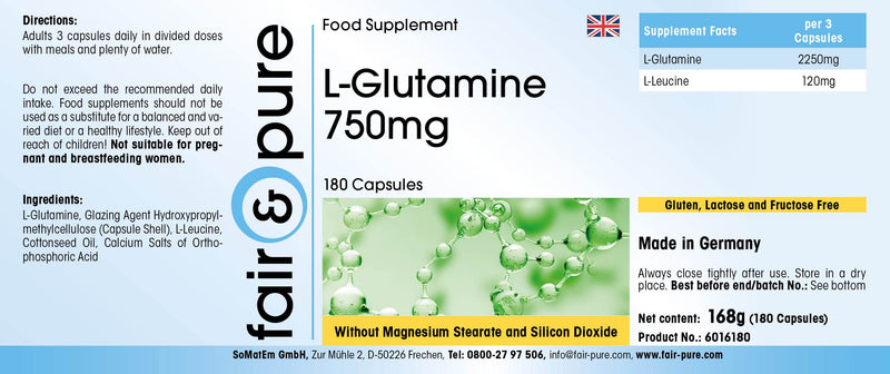 Fair & Pure L-Glutamine 750mg, in Free Form, Vegan, 750mg, 180 Capsules - BeesActive Australia