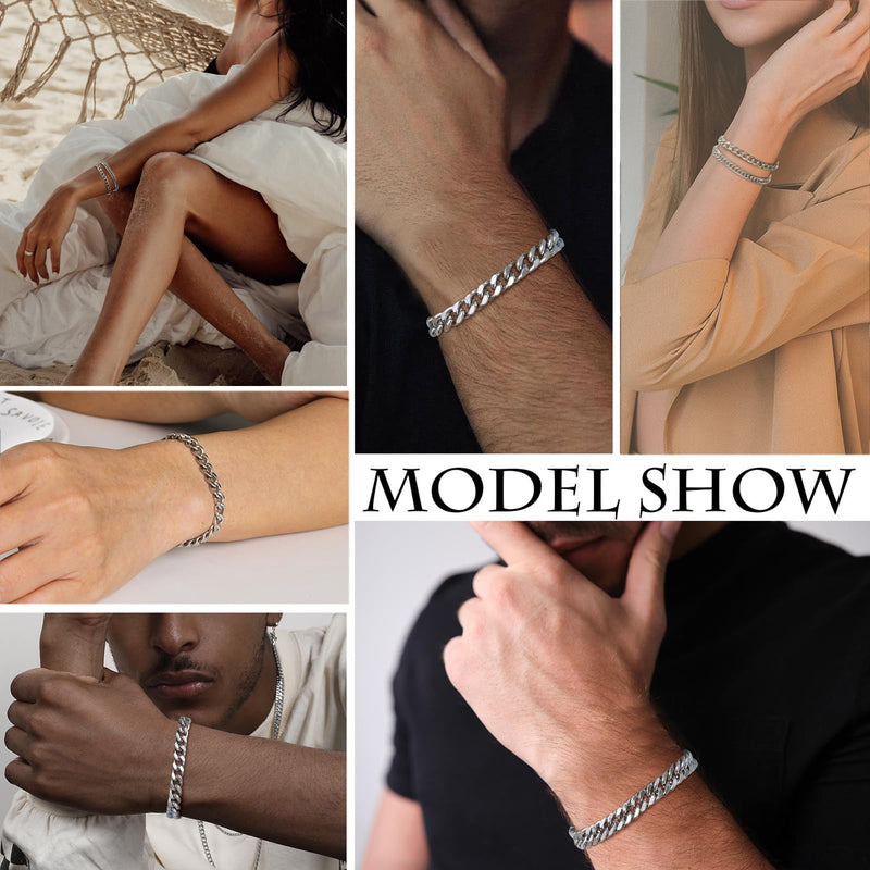 VNOX 2 Pcs Chain Bracelet for Men Women - Sturdy Stainless Steel Curb Width Cuban Link Chain Bracelet Set for Men Women,6.5/7/7.4/8.2/9 Inches 7.48 Inches 2Pcs-Silver Cuban Link - BeesActive Australia