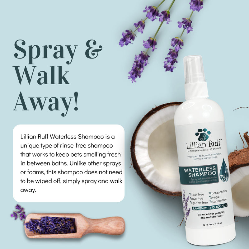 Lillian Ruff Waterless No-Rinse Dog Dry Shampoo Spray with Hydrating Essential Oils - pH-Balanced Dry Shampoo for Dogs - Clean, Condition, Detangle & Deodorize Dry, Sensitive Skin Lavender Coconut With Bath Brush - BeesActive Australia