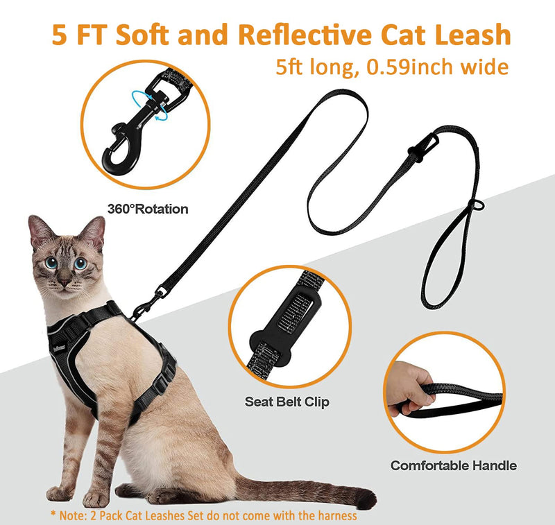 PetBonus 2 Pack Cat Leashes, Reflective Walking Nylon Leash, Escape Proof Clip and Cat Seat Belt, Pet Leash with 360 Degree Swivel Clip for Kittens, Puppies, Rabbits, Small Animals Black, Light Blue - BeesActive Australia