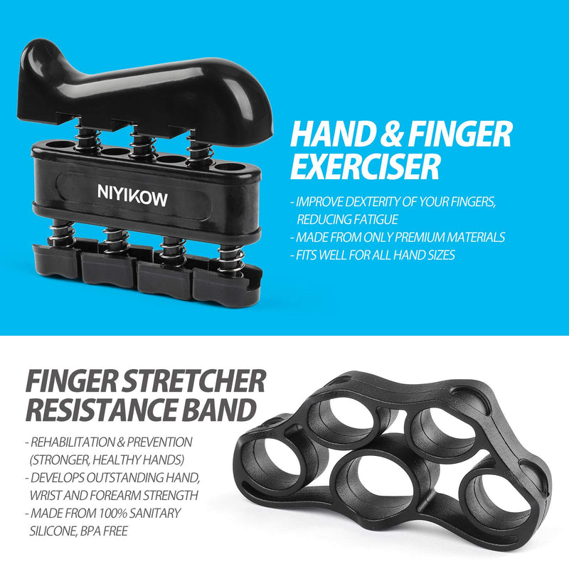 NIYIKOW Grip Strength Trainer Kit with Counter (5 Pack), Counting Grip Strength, Adjustable Hand Grip Strengthener, Finger Trainer, Finger Stretcher, Grip Ring & Stress Relief Grip Ball with Carry Bag Black - BeesActive Australia
